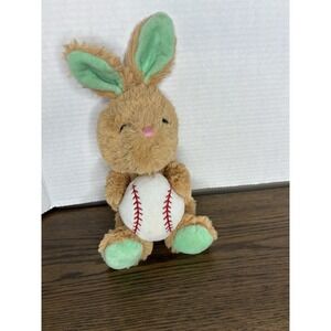 Hug Fun Plush Tan 9.5" Easter Bunny Baseball Egg Stuffed Animal Green Ears Feet
